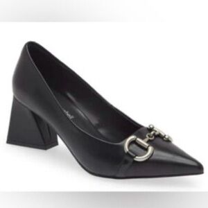 Jeffrey Campbell Happy Hour Pointed Toe Block Heel Pump Black Leather Horsebit